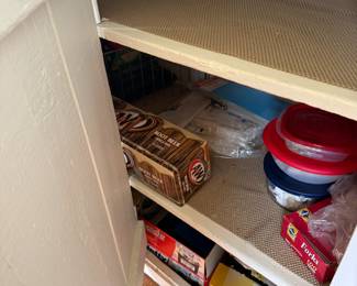 Pantry closet view with shelved food storage items