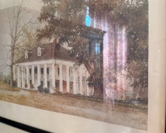 Southern plantation house watercolor print in black frame