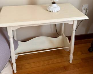 White painted side table with lower shelf and turned legs