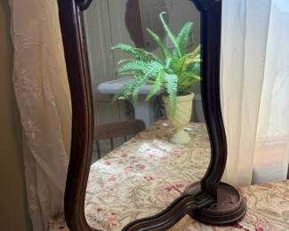 Antique wood dresser vanity mirror with shaped swing frame