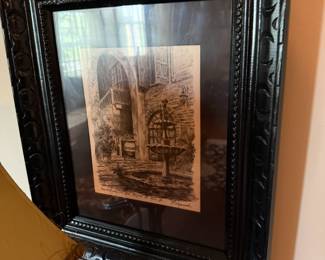 New Orleans courtyard fountain pen and ink sketch, signed, ornate black frame