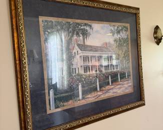 Southern plantation house print in ornate gold frame