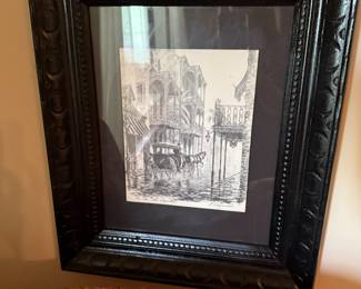 French Quarter horse carriage pencil sketch in carved black frame