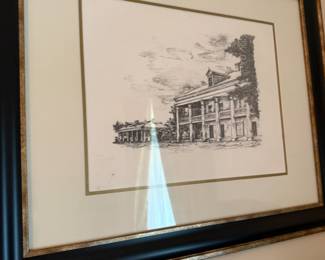 Southern plantation mansion ink sketch print in black frame