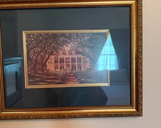Southern plantation house print with oak trees in gilt frame
