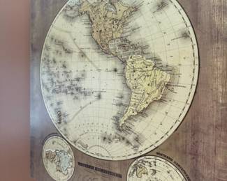 Western hemisphere world map print on wood panel