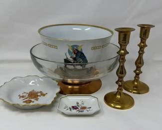 Pair Of Vintage Polished Brass Candlestick Holders, 1976 Danbury Bicentennial Benjamin Franklin Bowl