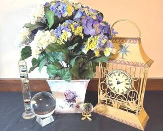 Vibrant Faux Hydrangea Arrangement , Galileo Thermometer, Palm Tree Metal Clock And More