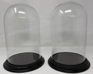 Pair Of Clear Glass Cloches Bell Jars On Black Wooden Bases