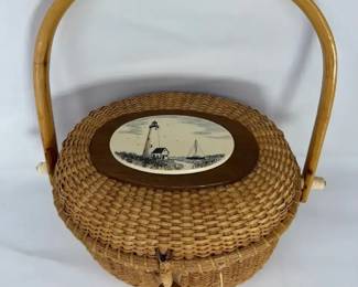 Barlow Nantucket Basket With Coastal Lighthouse Sailboat