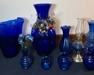 Cobalt Glass Lot  Oil Lamp  Ruffled Rim U.S.A Art Glass Vase  Glass Flowers  More