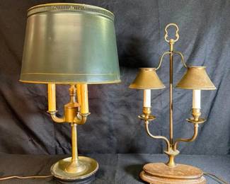Vintage Bouillotte Style Brass Lamps On Wooden Bases And Metal Shades