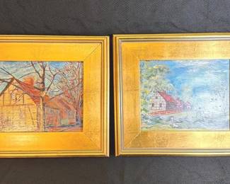 Gold Framed European Village Landscape Oil Paintings Signed C Chamberlain Danz And Lebourg Style