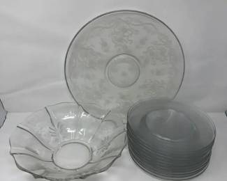 Vintage Clear Etched Glass Serving Bowl,Torte Plate,Star Pattern Line 1130 Plates