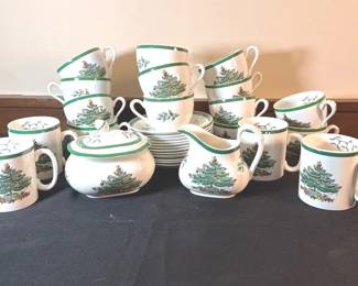 Spode China Christmas Tree Pattern Coffee Cups, Mugs, Sugar Bowl And Creamer