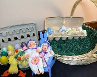 Large Easter Basket With Various Eggs  Annalee Easter Dolls