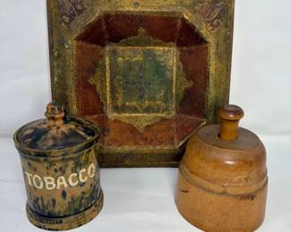 Primitive Wooden Butter Mold, Vintage Ceramic Tobacco Jar And Vintage Italian Florentia Bowl