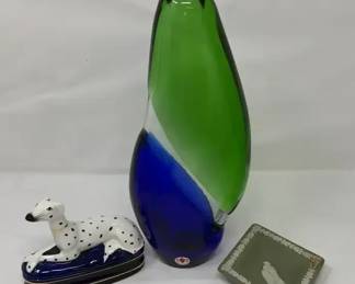 Vintage Czech Art Glass Vase,Fitz And Floyd Dalmatian Trinket Box, Green Jasperware Trinket Dish