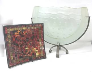 MCM Half Moon Slump Glass Vase And Colorful Mosaic Dish