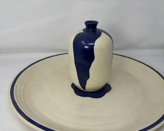 Large Ceramic Shallow Serving Platter With Matching Ceramic Vessel