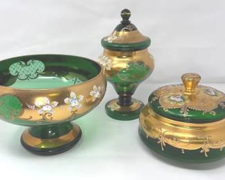 Bohemian Czech Emerald Green With Gold Gilding And Enamel Floral Motifs Glassware