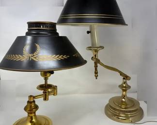 Vintage Toleware Brass Swing Arm Desk Lamps With Metal Shades