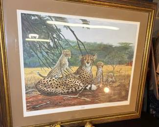 Ray Harm Cheetah Print Signed  Framed  Pair Of Vintage Ceramic Baby Leopardjaguar