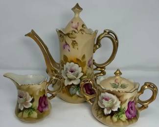 Vintage Left on Porcelain Heritage Brown Rose NE 1866 1867 Coffee Chocolate Pot , Sugar  Creamer