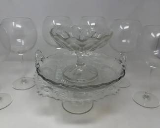 Pottery Barn Wine Glasses, Vintage Pressed Glass Pedestal Candy Dish, Serving Tray, Cake Stand