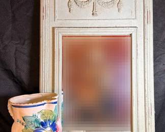 03 Louis XVI Style Trumeau Mirror In Distressed Pale Green With Vintage Italian Pottery