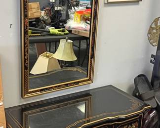 Drexel Heritage Black Lacquer Chinoiserie Dresser and Mirror