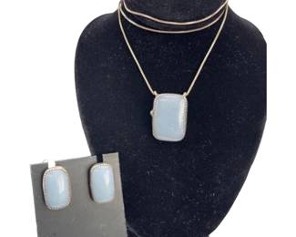 Morganite Chalcedony Ellensburg Blue Cabochan Necklace & Screw Back Earrings 22.5 x 16mm Pendant * 24” Sterling Chain