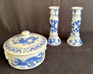 Two Blue And White Floral Ceramic Chinoiserie 6” Candle Holder * Vintage Chinoiserie Lidded Bowl * Bowl is 5.5x4” *