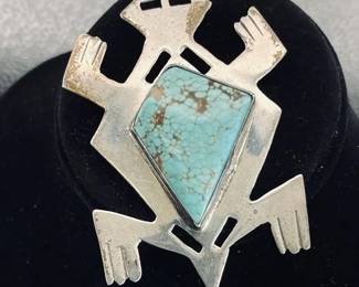 2 1/2” Custom Sterling Silver Lizard Brooch With A Gorgeous Tyronne Turquoise Center 28mm X 22mm