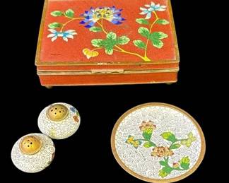 Vintage Lacquer Chinese Cloisonne Lot * Trinket Box & Plate* Salt & Pepper Shakers *