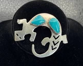 2” Large Sterling Silver Lizard Pin With Tyronne Turquoise * Custom Designed By Our Client 2” Long * TW 8.9g * Gems 14.8mm x 13.5mm & 13.8mm x 9mm