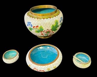Vintage Chinese Cloisonne Bowl Lot * Large 3.25” * Medium 3” * Small 1.5” * Tiny Spoon *