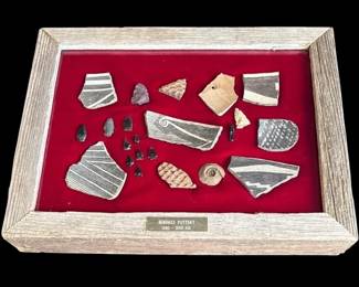 1000 -1300 AD Mimbres Indian Pottery & Arrowhead Samples * Framed in Old Barn Wood Shadow Box 6 Mimbre Indian pottery shards * 10 obsidian arrowheads * 1 white ceremonial arrowhead * Frame made from reclaimed Barn Wood *