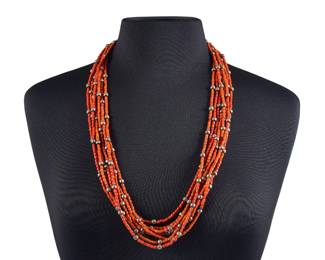 Old Pueblo Multi-Strand Silver & Coral Necklace - LOT 60
