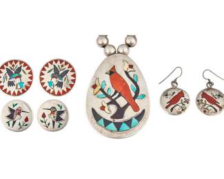 Zuni Sterling & Multi-Stone Bird Motif Necklace Set - LOT 68