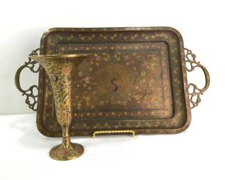 Vintage Indian Brass Vase and Tray