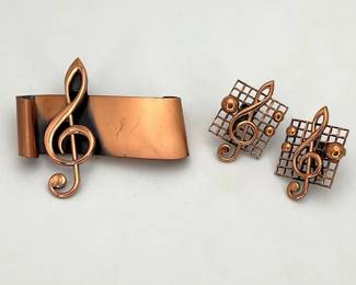 Renoir Copper Treble Clef Brooch and Earrings