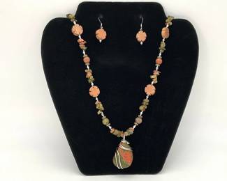 Unakite and Rosewood Beaded Necklace and Earring Set