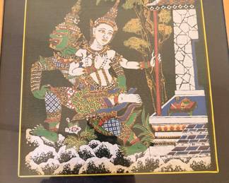 vintage Thai silk painting or silkscreen print depicting a famous scene from the Ramakien, Thailand's national epic based on the Hindu Ramayana. It depicts a goddess figure paired with a prominent multi-faced green guardian giant, typically identified as the demon king Tosakanth (Ravana).
