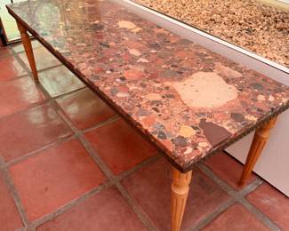 Large Polished Breccia/Conglomerate Stone-Top Table with Wood Legs 