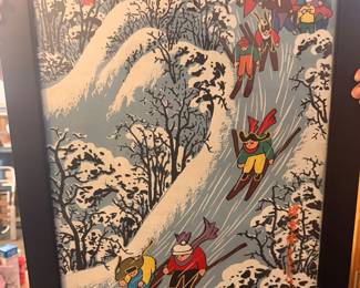 Framed Vintage Chinese Peasant Art Print – "Ski Competition" by Cao Quantang
