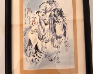 Authentic hand-painted Mongolian ink wash on paper. Depicts Yesügei Baatar (Father of Genghis Khan) from ‘The Secret History of the Mongols’ series. In the style of Inner Mongolian master Siqin Bilig. Vertically scripted calligraphy and hand-stamped seals.”
