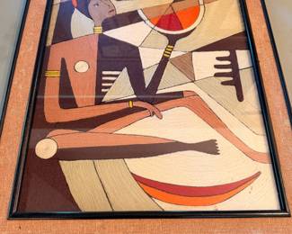 mid-century modern abstract tribal crewel embroidery piece