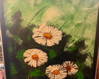 "Original C. Roberts Mid-Century Modern Floral Oil Painting. Features thick impasto palette knife white daisies over a vibrant multi-toned green background. Signed lower left. Circa 1960s/1970s, custom framed."