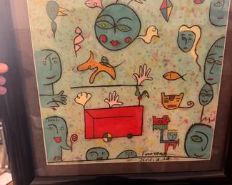 This artwork is an original whimsical, surrealist-style painting signed by an artist named Fan Yang and dated March 28, 2001